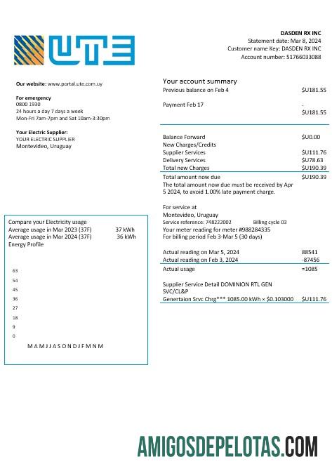 imprimível Modelo de conta de serviços públicos de eletricidade da empresa Uruguai UTE em formatos Word e PDF